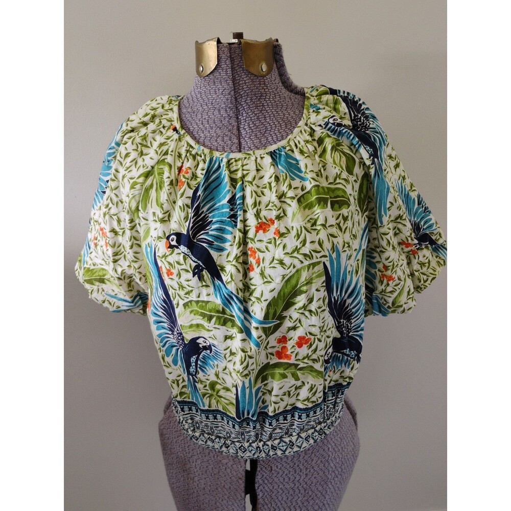 Alex Marie Top Blouse Shirt Womens Linen Sz M Parrot Bird Print Short SS Resort